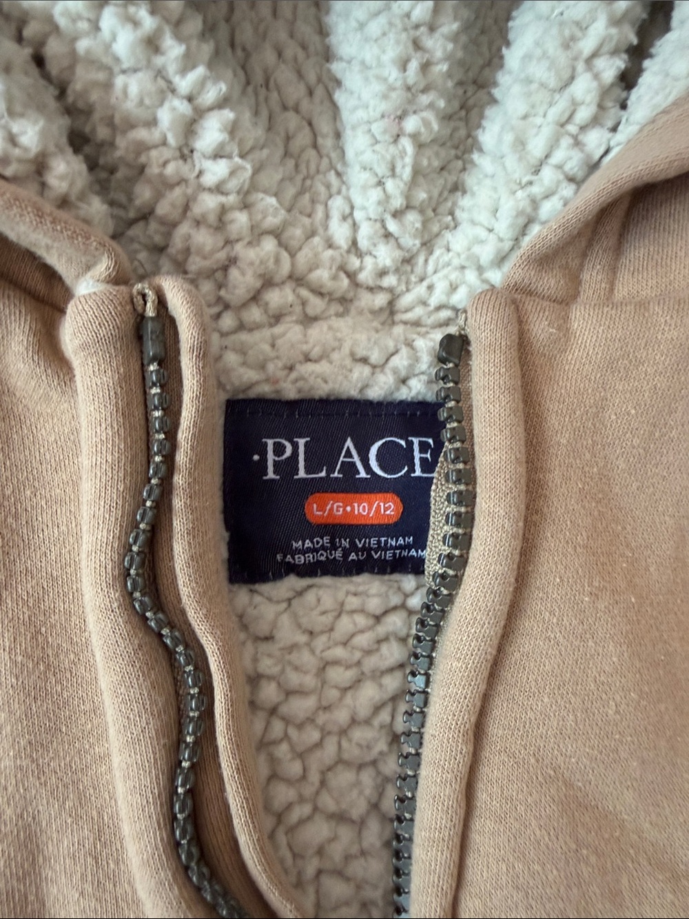 The Children's Place Sherpa-Lined Zip Hoodie in Tan & Cream size large 10/12 - Picture 2 of 6